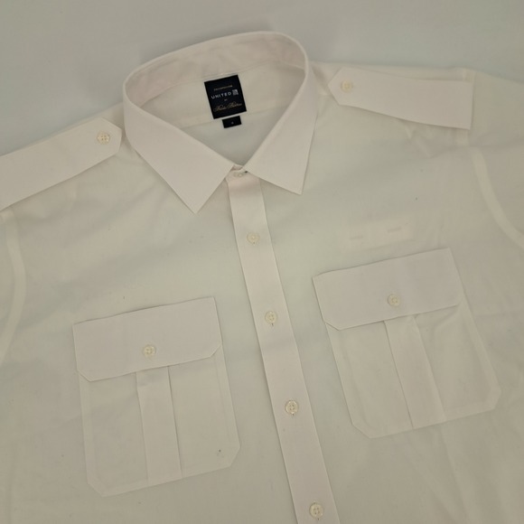 Brooks Brothers Pilot Shirt Men 18 Cotton White Solid United Airlines Epaulets